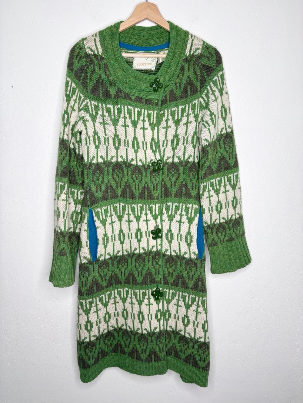 Anthropologie Sparrow Green Fair Isle Long Sweater Coat Size Small